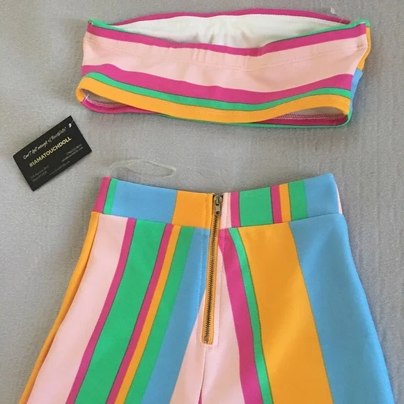 Touchdolls Two Piece Crop Top Bell Bottom Pants Set Size 2 XS Stripe Stretch - Picture 9 of 16